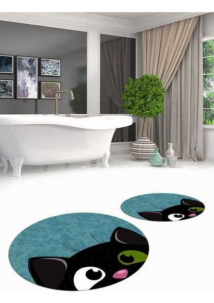 Dijital Baskılı Yıkanabilir Kedi Desenli Ikili Banyo Halısı Paspas Yuvarlak, Klozet-40-Mavi,