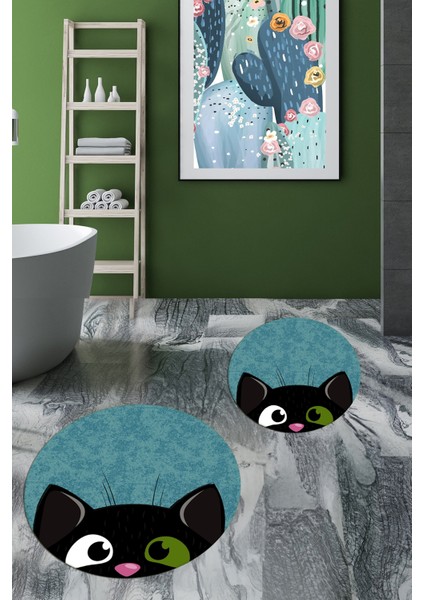 Dijital Baskılı Yıkanabilir Kedi Desenli Ikili Banyo Halısı Paspas Yuvarlak, Klozet-40-Mavi, fiyatları