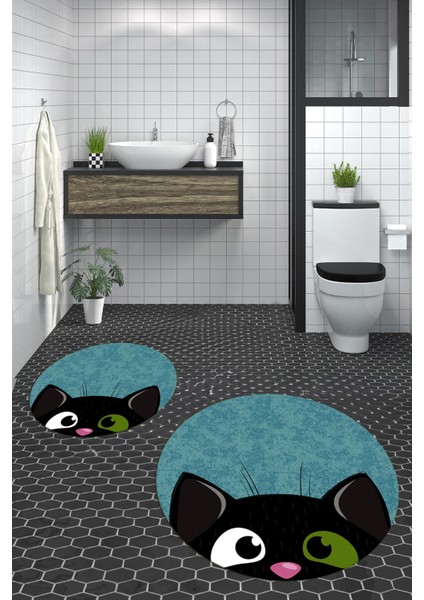 Dijital Baskılı Yıkanabilir Kedi Desenli Ikili Banyo Halısı Paspas Yuvarlak, Klozet-40-Mavi, modelleri