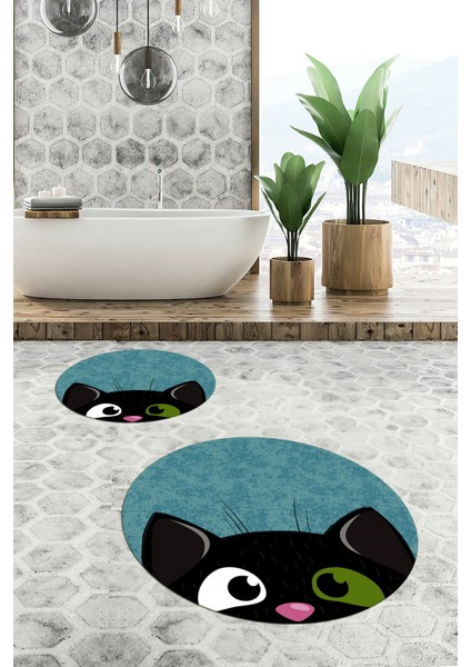 Dijital Baskılı Yıkanabilir Kedi Desenli Ikili Banyo Halısı Paspas Yuvarlak, Klozet-40-Mavi, fırsatları