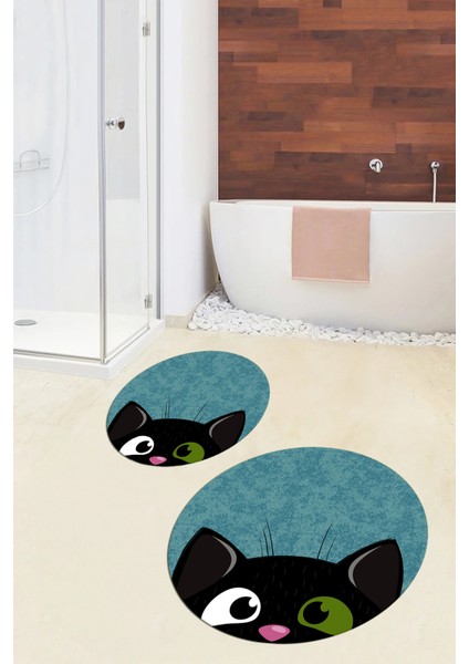 Dijital Baskılı Yıkanabilir Kedi Desenli Ikili Banyo Halısı Paspas Yuvarlak, Klozet-40-Mavi, indirimleri