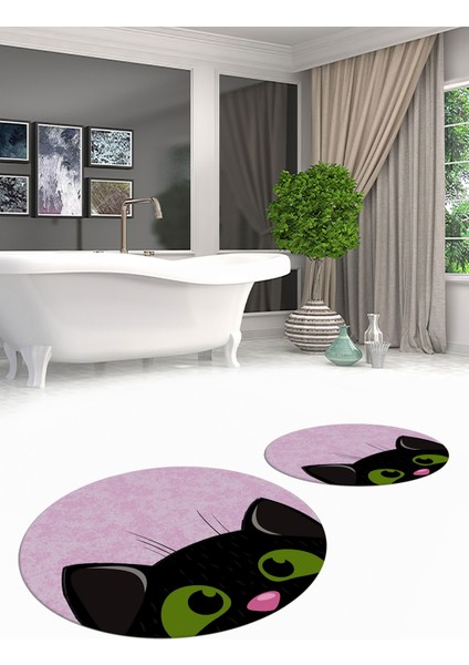 Dijital Baskılı Yıkanabilir Kedi Desenli Ikili Banyo Halısı Paspas Yuvarlak, Klozet-40-Pembe,