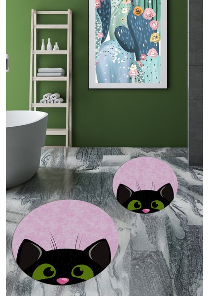 Dijital Baskılı Yıkanabilir Kedi Desenli Ikili Banyo Halısı Paspas Yuvarlak, Klozet-40-Pembe, fiyatları