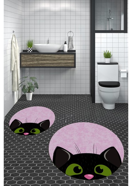 Dijital Baskılı Yıkanabilir Kedi Desenli Ikili Banyo Halısı Paspas Yuvarlak, Klozet-40-Pembe, modelleri