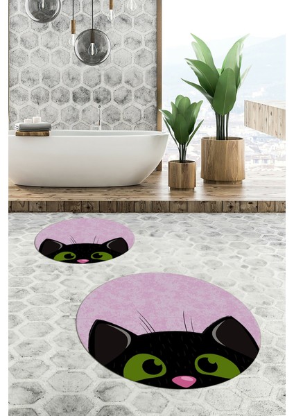 Dijital Baskılı Yıkanabilir Kedi Desenli Ikili Banyo Halısı Paspas Yuvarlak, Klozet-40-Pembe, fırsatları