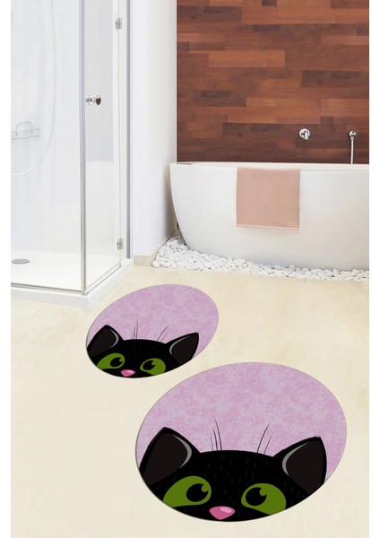 Dijital Baskılı Yıkanabilir Kedi Desenli Ikili Banyo Halısı Paspas Yuvarlak, Klozet-40-Pembe, indirimleri