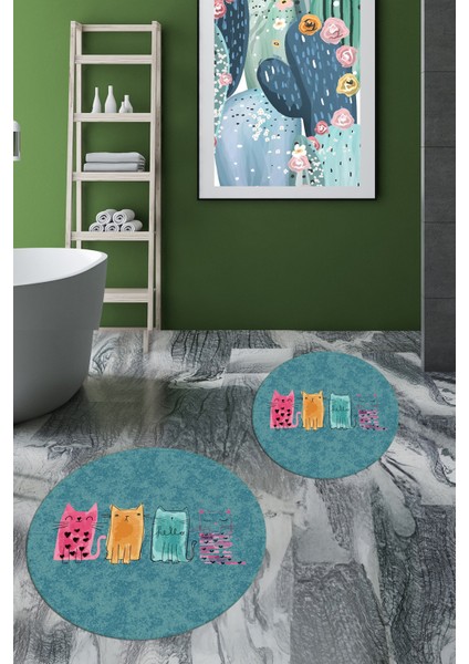Dijital Baskılı Yıkanabilir Renkli Kediler Desenli Ikili Banyo Halısı Yuvarlak, Klozet-41-Mavi, fiyatları
