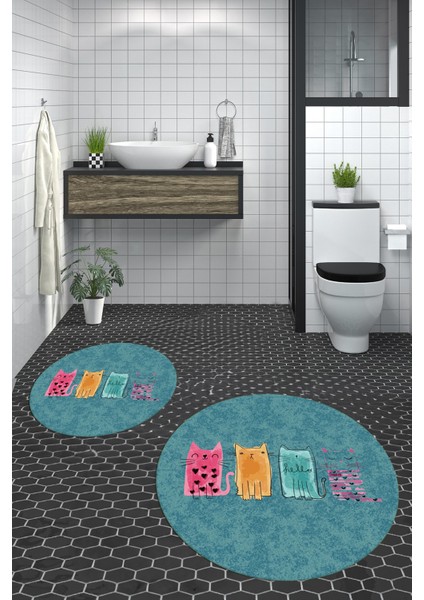 Dijital Baskılı Yıkanabilir Renkli Kediler Desenli Ikili Banyo Halısı Yuvarlak, Klozet-41-Mavi, modelleri