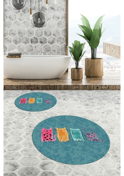 Dijital Baskılı Yıkanabilir Renkli Kediler Desenli Ikili Banyo Halısı Yuvarlak, Klozet-41-Mavi, fırsatları