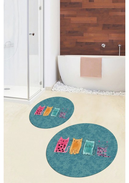 Dijital Baskılı Yıkanabilir Renkli Kediler Desenli Ikili Banyo Halısı Yuvarlak, Klozet-41-Mavi, indirimleri