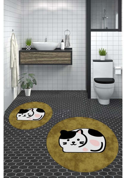 3d Dijital Baskılı Yıkanabilir Kedi Desenli Ikili Banyo Halısı Paspas Yuvarlak, Klozet-43-Kahve,