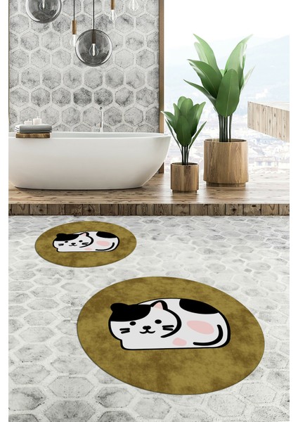 3d Dijital Baskılı Yıkanabilir Kedi Desenli Ikili Banyo Halısı Paspas Yuvarlak, Klozet-43-Kahve,