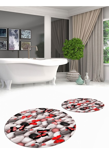 3d Dijital Baskılı Yıkanabilir Kelebek Desenli Ikili Banyo Halısı Paspas Yuvarlak, Klozet-44-Kırmızı,