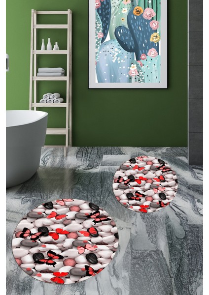 3d Dijital Baskılı Yıkanabilir Kelebek Desenli Ikili Banyo Halısı Paspas Yuvarlak, Klozet-44-Kırmızı, fiyatları