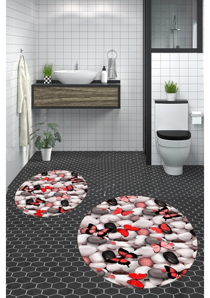 3d Dijital Baskılı Yıkanabilir Kelebek Desenli Ikili Banyo Halısı Paspas Yuvarlak, Klozet-44-Kırmızı, modelleri