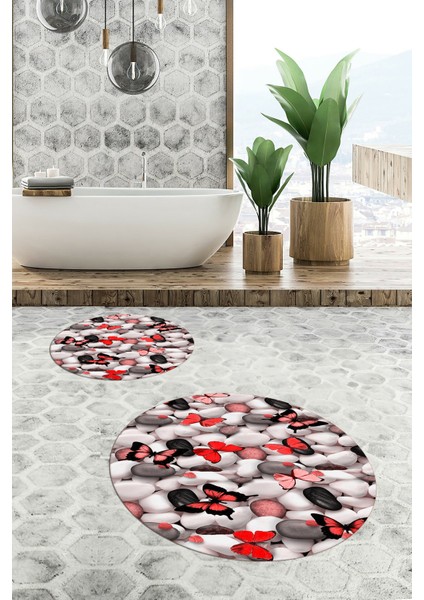 3d Dijital Baskılı Yıkanabilir Kelebek Desenli Ikili Banyo Halısı Paspas Yuvarlak, Klozet-44-Kırmızı, fırsatları