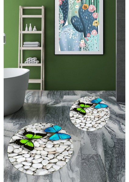 3d Kelebek Desenli Yıkanabilir Kolay Silinir Ikili Banyo Halısı Paspas Yuvarlak, Klozet-45-Renkli,