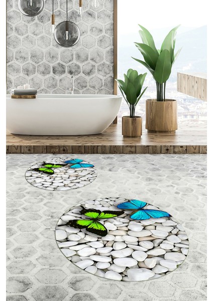 3d Kelebek Desenli Yıkanabilir Kolay Silinir Ikili Banyo Halısı Paspas Yuvarlak, Klozet-45-Renkli,