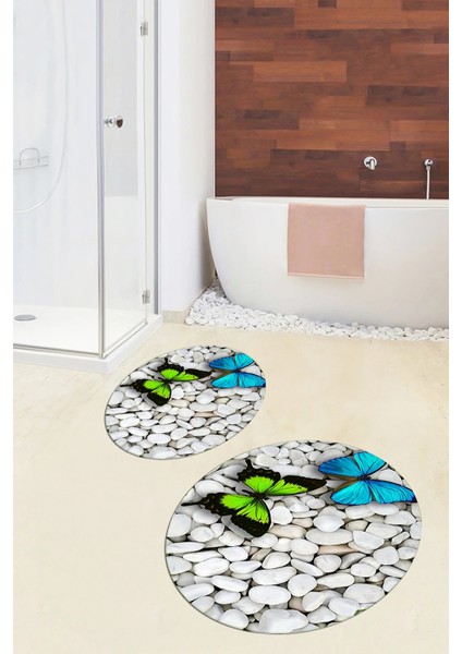 3d Kelebek Desenli Yıkanabilir Kolay Silinir Ikili Banyo Halısı Paspas Yuvarlak, Klozet-45-Renkli,