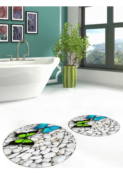 3d Kelebek Desenli Yıkanabilir Kolay Silinir Ikili Banyo Halısı Paspas Yuvarlak, Klozet-45-Renkli,