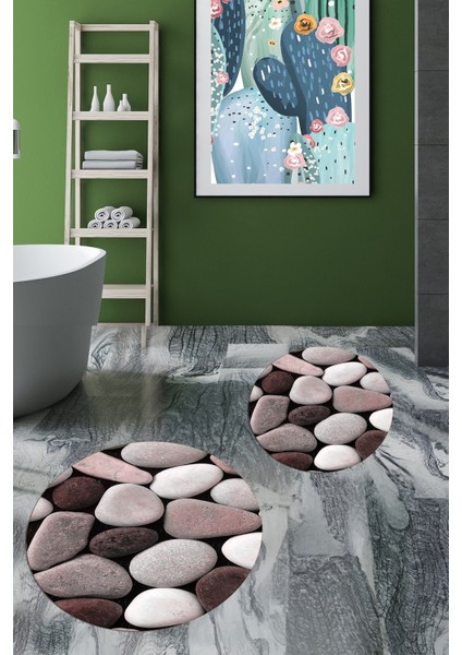 3d Renkli Taş Desenli Yıkanabilir Kolay Silinir Ikili Banyo Halısı Paspas Yuvarlak, Klozet-46-Pembe,