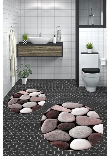 3d Renkli Taş Desenli Yıkanabilir Kolay Silinir Ikili Banyo Halısı Paspas Yuvarlak, Klozet-46-Pembe, fiyatları