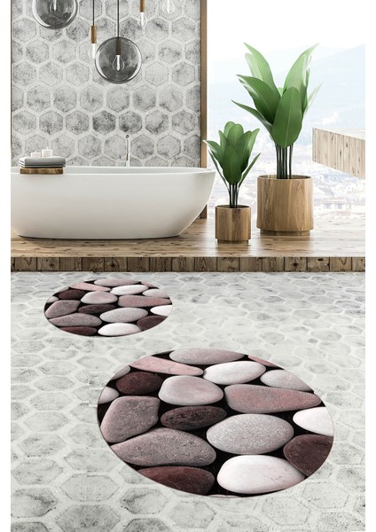 3d Renkli Taş Desenli Yıkanabilir Kolay Silinir Ikili Banyo Halısı Paspas Yuvarlak, Klozet-46-Pembe, modelleri