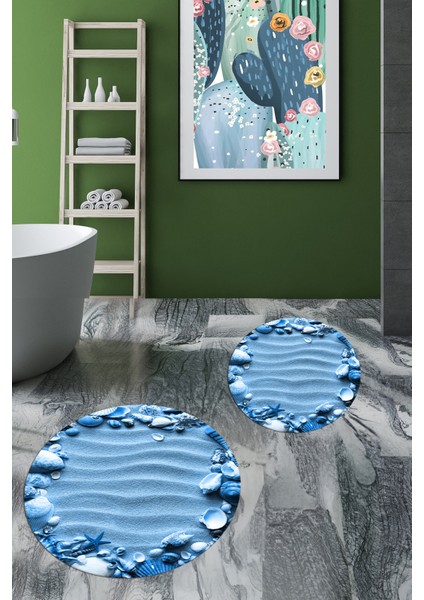 3d Dijital Baskılı Yıkanabilir Modern Desenli Ikili Banyo Halısı Paspas Yuvarlak, Klozet-47-Mavi,