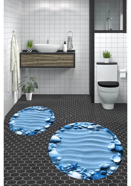 3d Dijital Baskılı Yıkanabilir Modern Desenli Ikili Banyo Halısı Paspas Yuvarlak, Klozet-47-Mavi,
