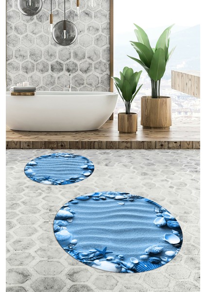 3d Dijital Baskılı Yıkanabilir Modern Desenli Ikili Banyo Halısı Paspas Yuvarlak, Klozet-47-Mavi,