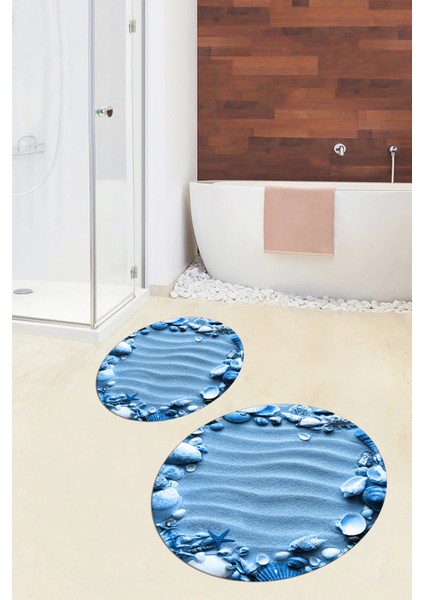 3d Dijital Baskılı Yıkanabilir Modern Desenli Ikili Banyo Halısı Paspas Yuvarlak, Klozet-47-Mavi,