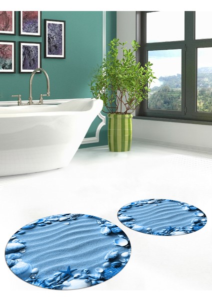 3d Dijital Baskılı Yıkanabilir Modern Desenli Ikili Banyo Halısı Paspas Yuvarlak, Klozet-47-Mavi,
