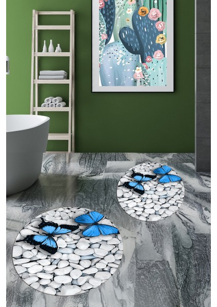 3d Kelebek Desenli Yıkanabilir Kolay Silinir Ikili Banyo Halısı Paspas Yuvarlak, Klozet-45-Mavi,
