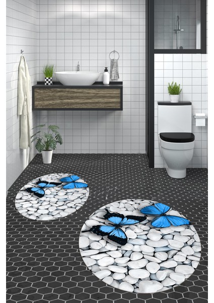 3d Kelebek Desenli Yıkanabilir Kolay Silinir Ikili Banyo Halısı Paspas Yuvarlak, Klozet-45-Mavi,