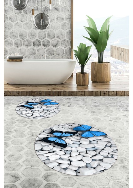 3d Kelebek Desenli Yıkanabilir Kolay Silinir Ikili Banyo Halısı Paspas Yuvarlak, Klozet-45-Mavi,