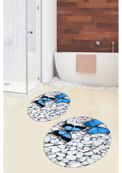 3d Kelebek Desenli Yıkanabilir Kolay Silinir Ikili Banyo Halısı Paspas Yuvarlak, Klozet-45-Mavi,