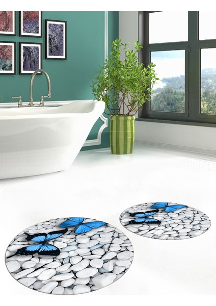 3d Kelebek Desenli Yıkanabilir Kolay Silinir Ikili Banyo Halısı Paspas Yuvarlak, Klozet-45-Mavi,
