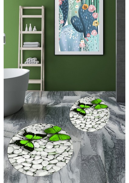 3d Kelebek Desenli Yıkanabilir Kolay Silinir Ikili Banyo Halısı Paspas Yuvarlak, Klozet-45-Yeşil,