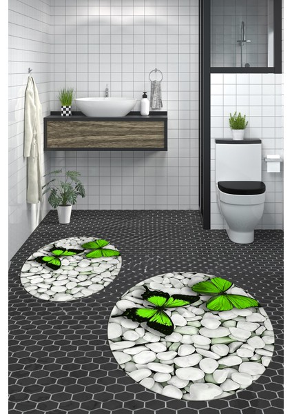 3d Kelebek Desenli Yıkanabilir Kolay Silinir Ikili Banyo Halısı Paspas Yuvarlak, Klozet-45-Yeşil,