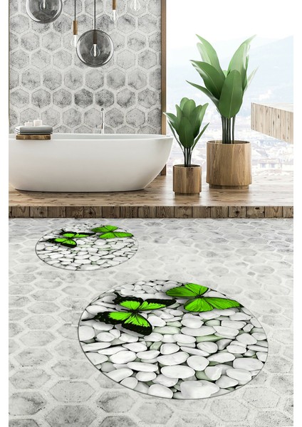 3d Kelebek Desenli Yıkanabilir Kolay Silinir Ikili Banyo Halısı Paspas Yuvarlak, Klozet-45-Yeşil,