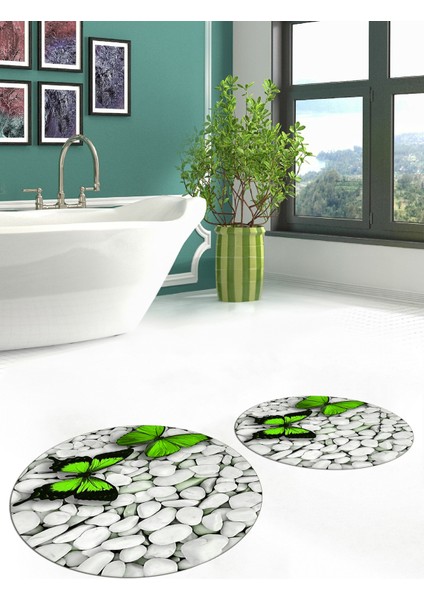3d Kelebek Desenli Yıkanabilir Kolay Silinir Ikili Banyo Halısı Paspas Yuvarlak, Klozet-45-Yeşil,