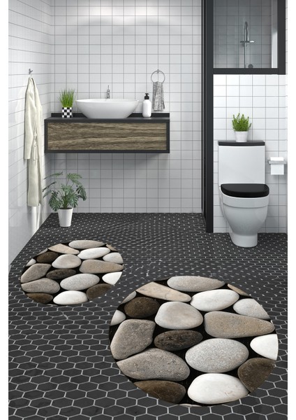 3d Renkli Taş Desenli Yıkanabilir Kolay Silinir Ikili Banyo Halısı Paspas Yuvarlak, Klozet-46-Kahve,