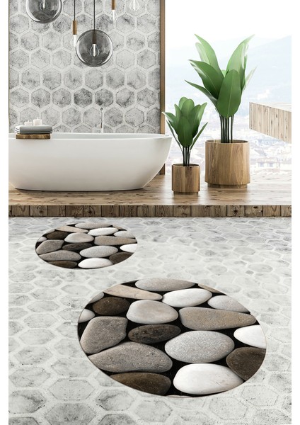 3d Renkli Taş Desenli Yıkanabilir Kolay Silinir Ikili Banyo Halısı Paspas Yuvarlak, Klozet-46-Kahve,