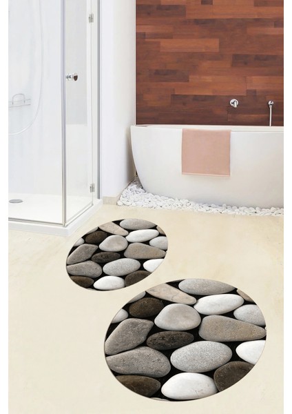 3d Renkli Taş Desenli Yıkanabilir Kolay Silinir Ikili Banyo Halısı Paspas Yuvarlak, Klozet-46-Kahve,