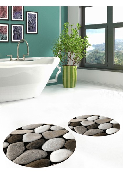 3d Renkli Taş Desenli Yıkanabilir Kolay Silinir Ikili Banyo Halısı Paspas Yuvarlak, Klozet-46-Kahve,