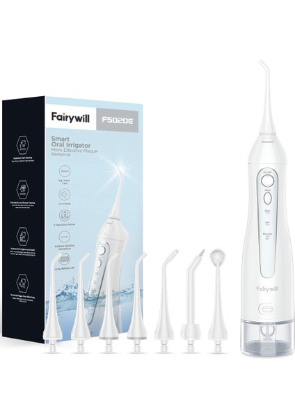 FW-5020E-BEYAZ Stil Fairywill Diş Diş Ipi 300ML Oral Irrigator Şarj Edilebilir Taşınabilir Diş 3 Mod Su Deposu Su Geçirmez Diş Temizleyici (Yurt Dışından)