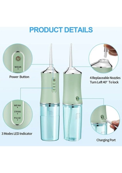 Yeşil Stil 200 ml Taşınabilir Oral Irrigator USB Şarj Edilebilir 3 Modlu Su Ipi Diş Diş Duşu Jet Irrigator Diş Diş Temizleyici Ev (Yurt Dışından)
