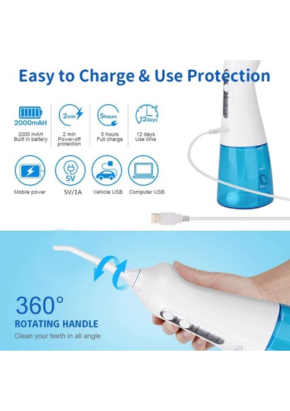 Taşınabilir Oral Irrigator Akülü 3 Mod Şarj Edilebilir Elektrikli Oral Irrigator Diş Diş Duşu Su Geçirmez Diş Temizleyici (Yurt Dışından)
