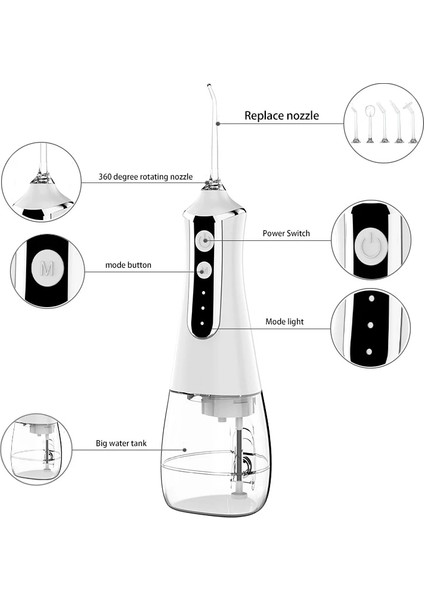 Beyaz Stil Taşınabilir Oral Irrigator USB Şarj Edilebilir Su Ipi Diş Irrigator Pensesinde Ipx6 Su Geçirmez Diş Temizleyici + 5 Meme (Yurt Dışından)