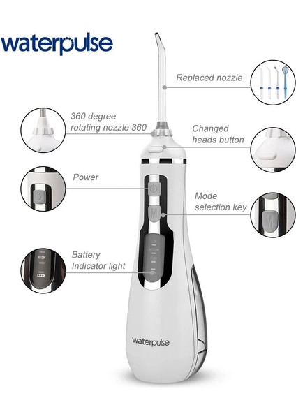 Beyaz Stil Waterpulse V500 Taşınabilir Oral Irrigator Diş Su Jeti Pensesinde Akülü Diş Irrigator Jet 4 Modu Su Geçirmez Diş Temizleyici (Yurt Dışından)